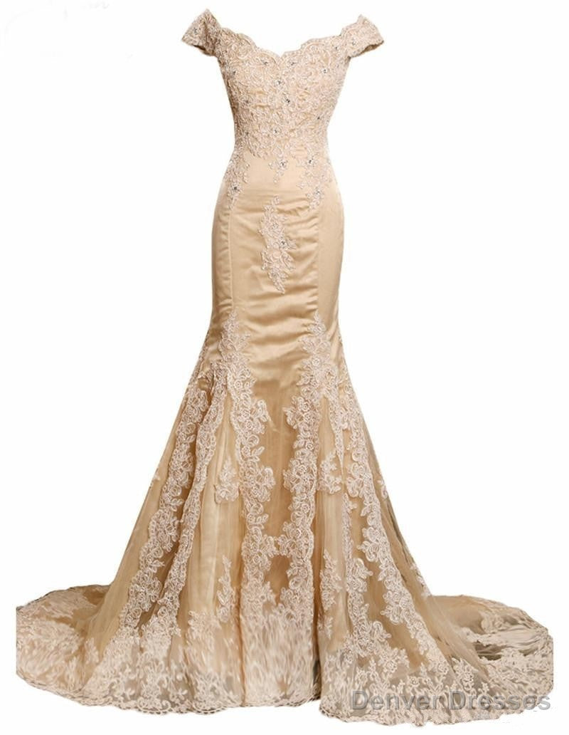 champagne prom dresses lace elegant appliques  tulle mermaid evening dresses v neck celebrity party dresses Main image