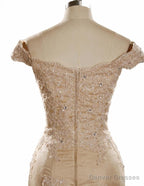 champagne prom dresses lace elegant appliques  tulle mermaid evening dresses v neck celebrity party dresses