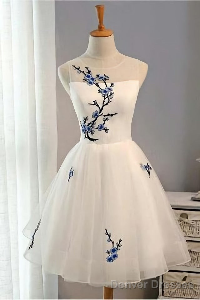 A Line Short White Tulle Sleeveless Summer For Girls Prom Dresses Main image