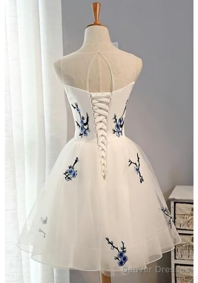 Cheap A Line Short White Tulle Sleeveless Summer For Girls Prom Dresses Main image
