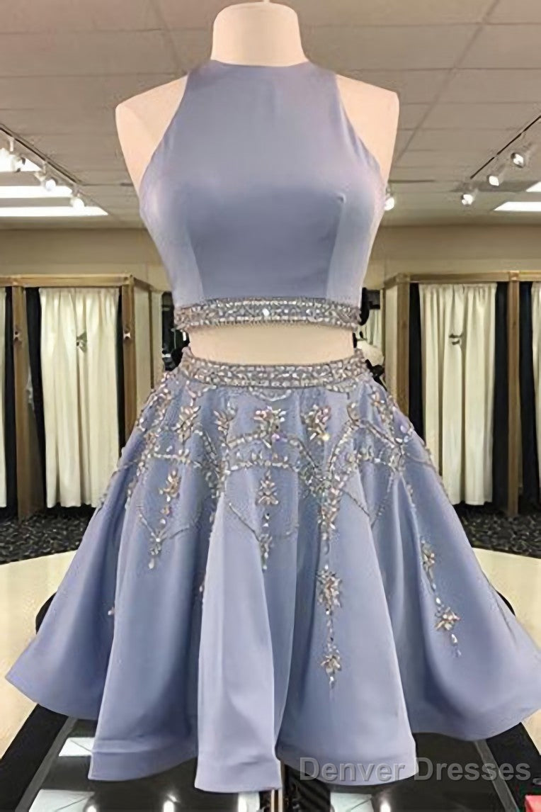 Stylish Two Piece A Line Jewel Sleeveless Short With Beading Prom Dresses Main image