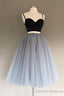 Two Pieces Black And Silver Short Sexy Spaghrtti Strap A Line Prom Dresses