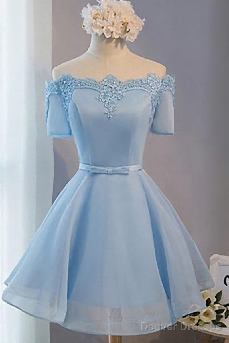A Line Off Shoulder Short Light Blue Prom Dresses Main image