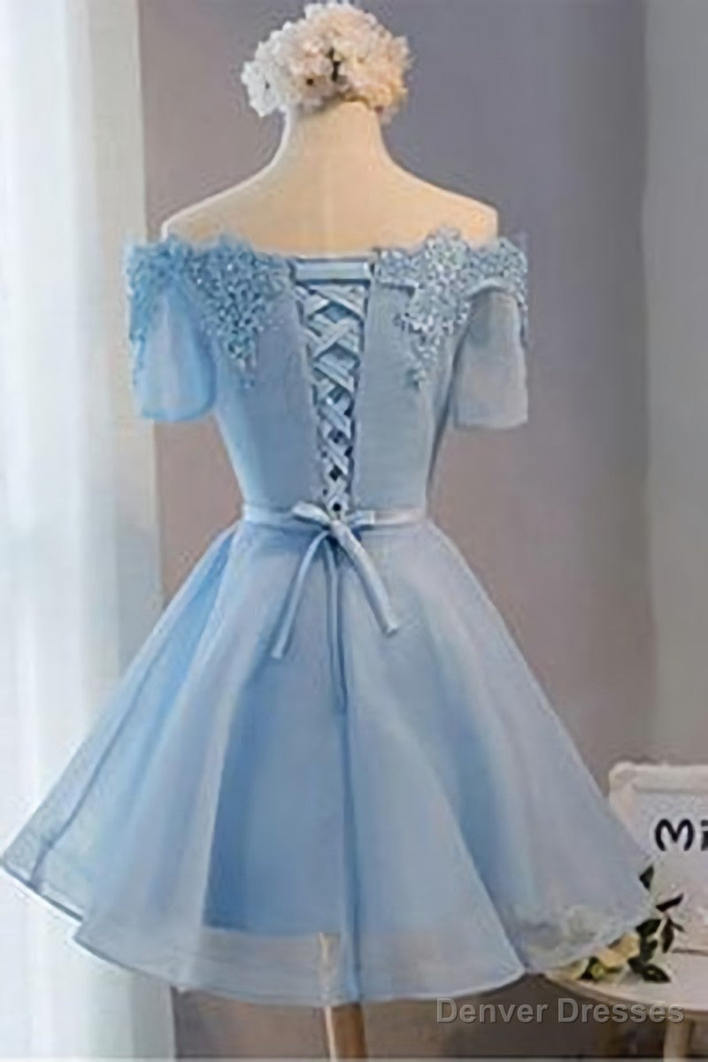 A Line Off Shoulder Short Light Blue Prom Dresses Secondary image