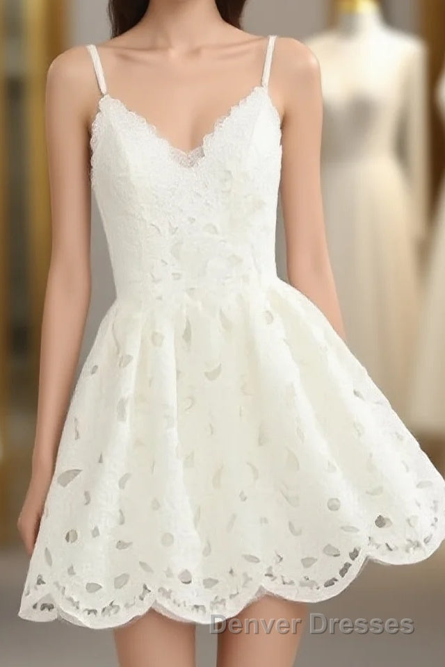 Cute White Lace Short Lace Spaghetti Straps Prom Dress