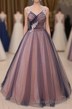 Charming A Line V Neck Navy Blue Princess Tulle Prom Dress
