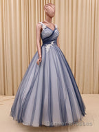 Charming A Line V Neck Navy Blue Princess Tulle Prom Dress