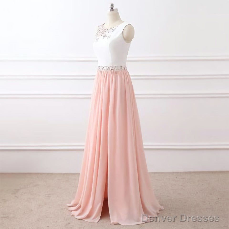 Chic A Line Chiffon Pink Beading Long Sleeveless Prom Dresses Main image