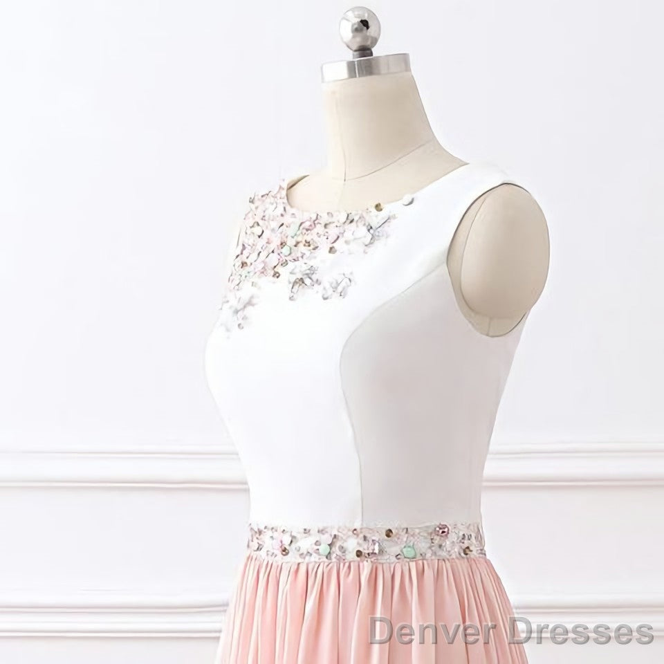 Chic A Line Chiffon Pink Beading Long Sleeveless Prom Dresses