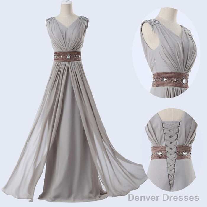 Grey Chiffon Long V-Neck Long Prom Dresses Main image