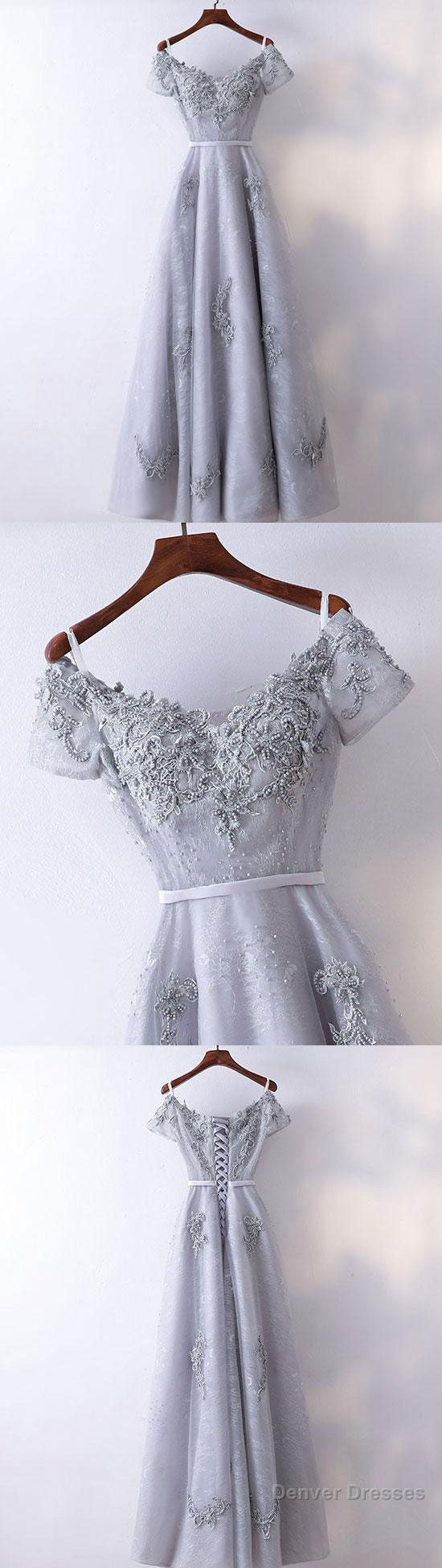 Gray V Neck Tulle Lace Applique Long Prom Dress, Lace Evening Dress, Gray Bridesmaid Dress Main image