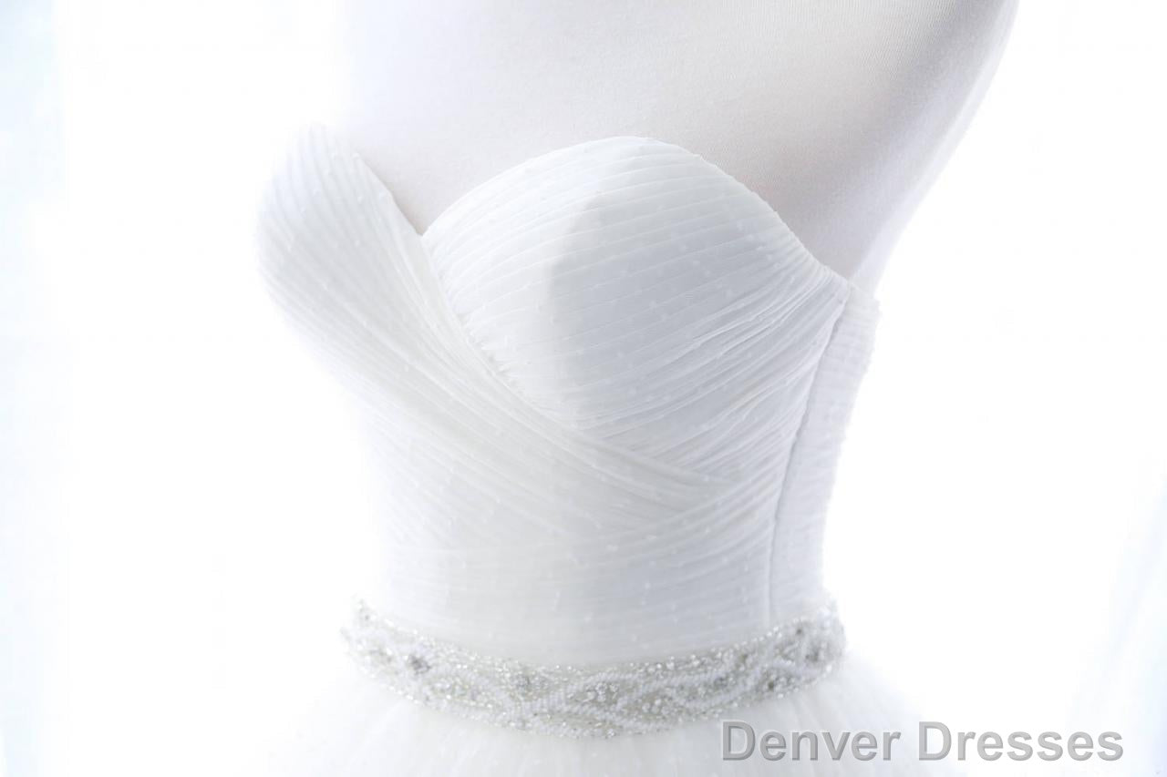 Prom Dresses, New Fashion Prom Dresses, Simple White Tulle Strapless Beaded Sweep Train Wedding Dresses Secondary image