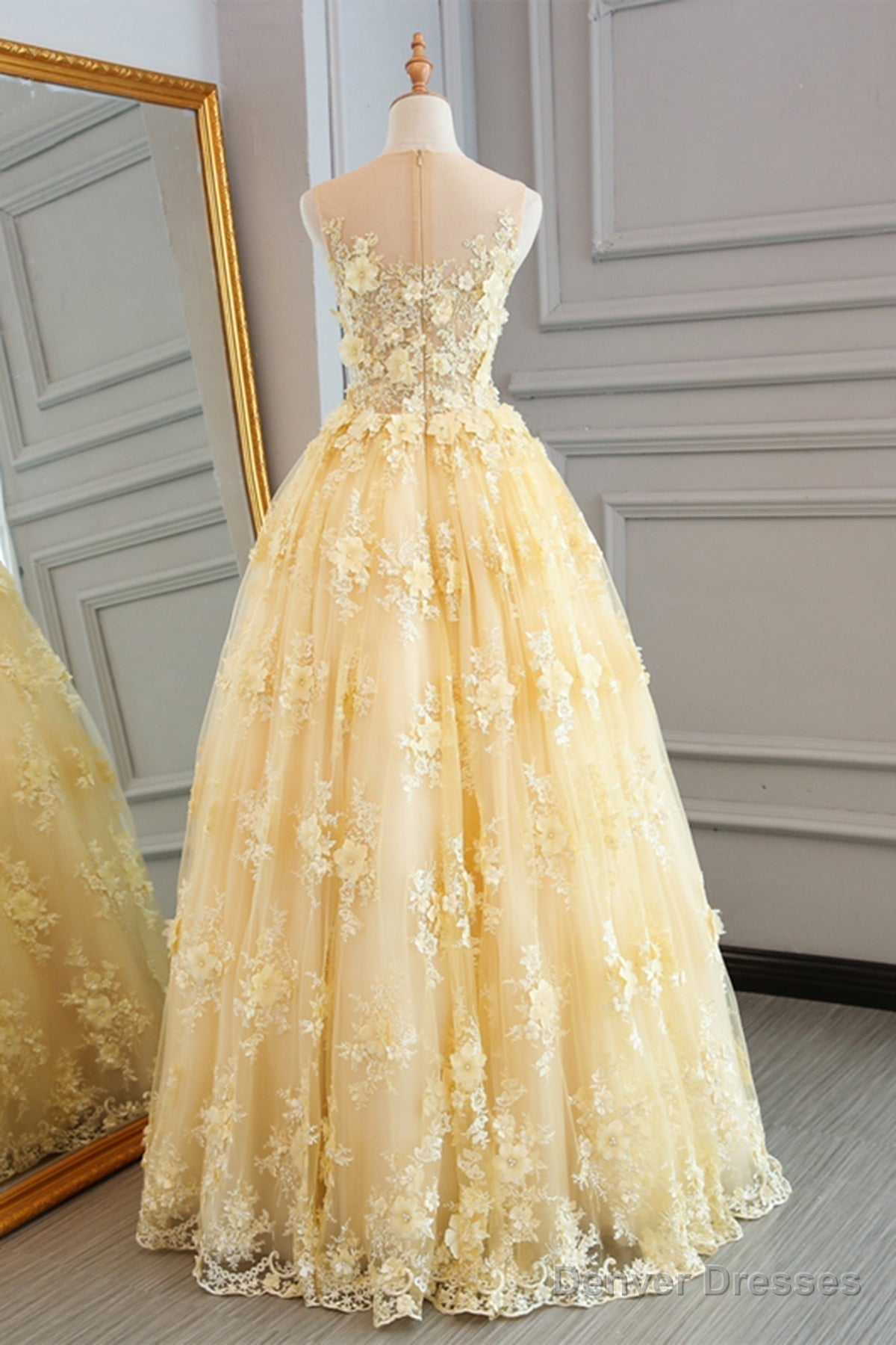 Yellow Lace Customize Long A Line Senior Halter Prom Dresses Secondary image