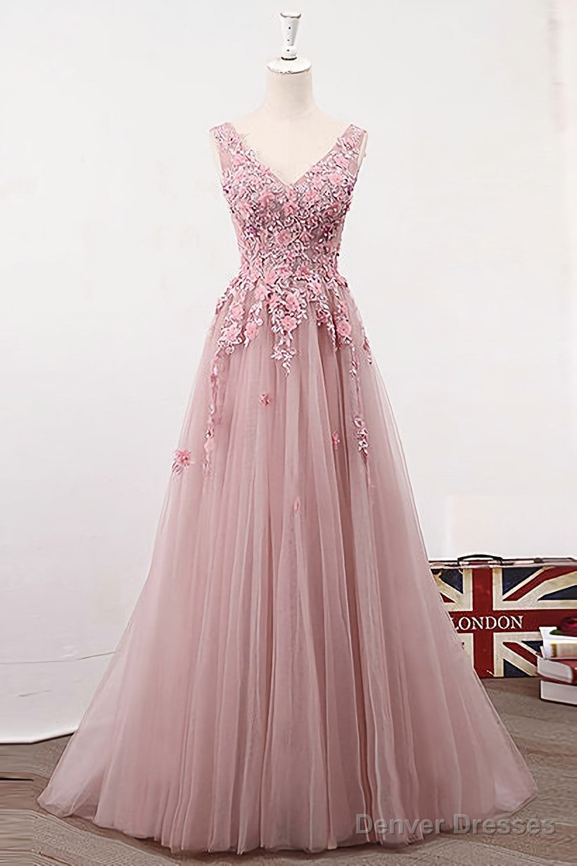 Pink Lace A Line Long Tulle Prom Dresses Main image