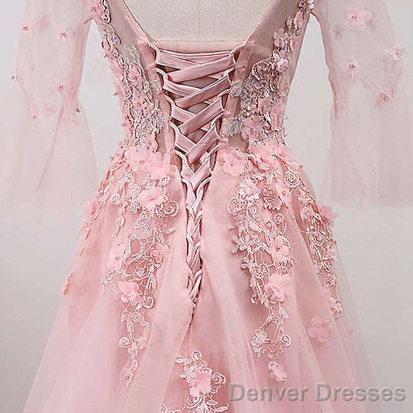 Pink Lace A Line Long Tulle Prom Dresses Secondary image