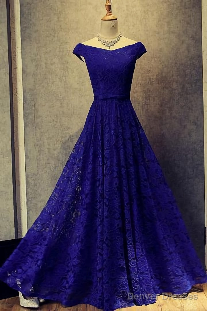 Royal Blue Lace Long Off Shoulder Prom Dresses