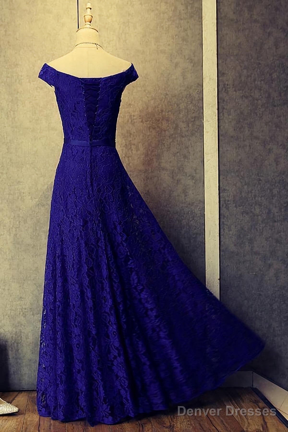 Royal Blue Lace Long Off Shoulder Prom Dresses Main image