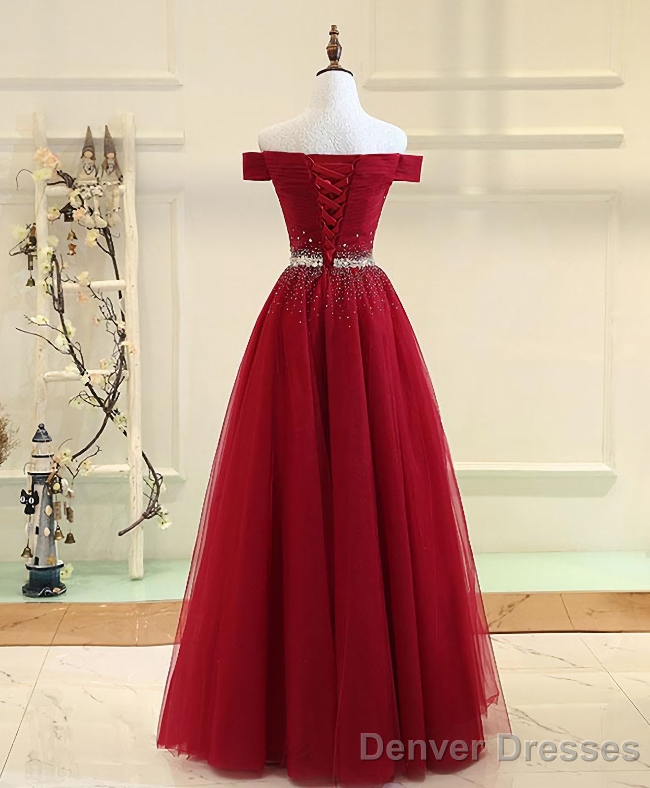Burgundy Tulle Off Shoulder Long A Line Prom Dresses Secondary image