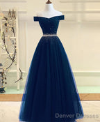 Burgundy Tulle Off Shoulder Long A Line Prom Dresses