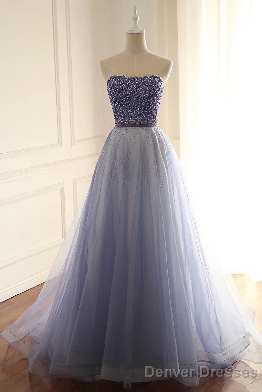 Stylish A Line Strapless Tulle Long With Beading Prom Dresses Main image