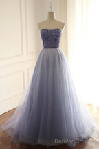 Stylish A Line Strapless Tulle Long With Beading Prom Dresses