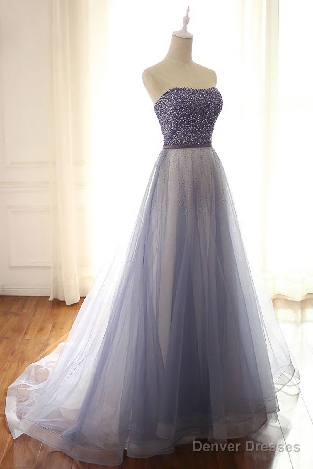 Stylish A Line Strapless Tulle Long With Beading Prom Dresses Main image