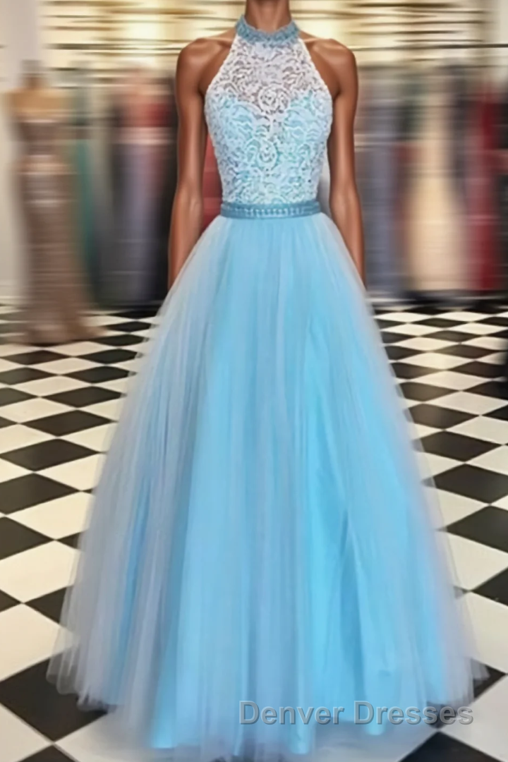 Prety Halter Long Lace Tulle Beding Light Blue For Teens Elegant Prom Dress Main image