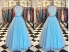 Prety Halter Long Lace Tulle Beding Light Blue For Teens Elegant Prom Dress