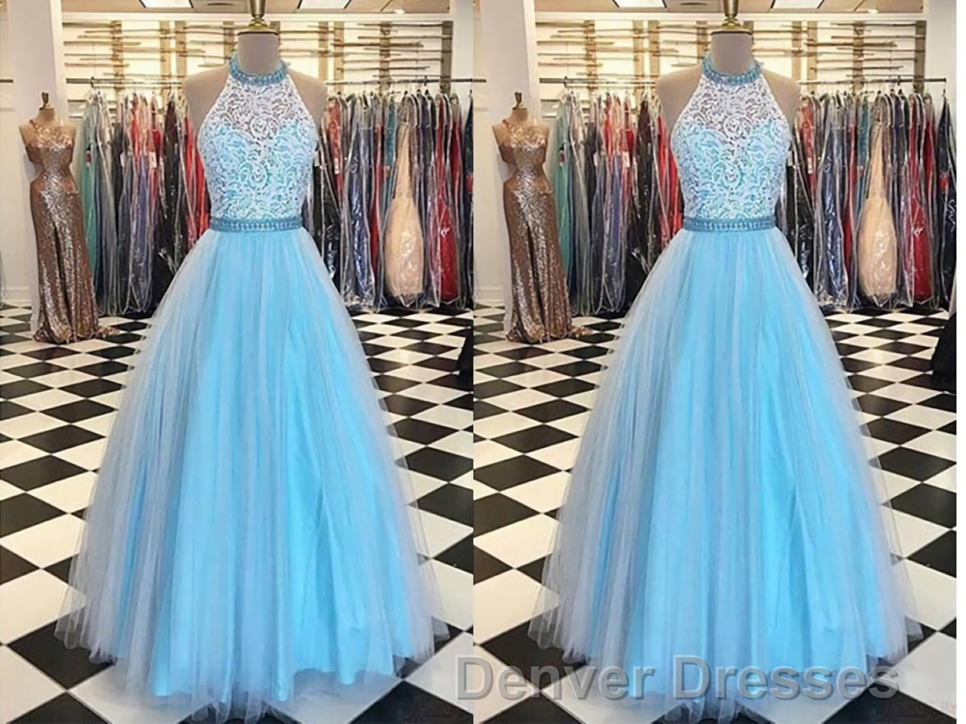 Prety Halter Long Lace Tulle Beding Light Blue For Teens Elegant Prom Dress