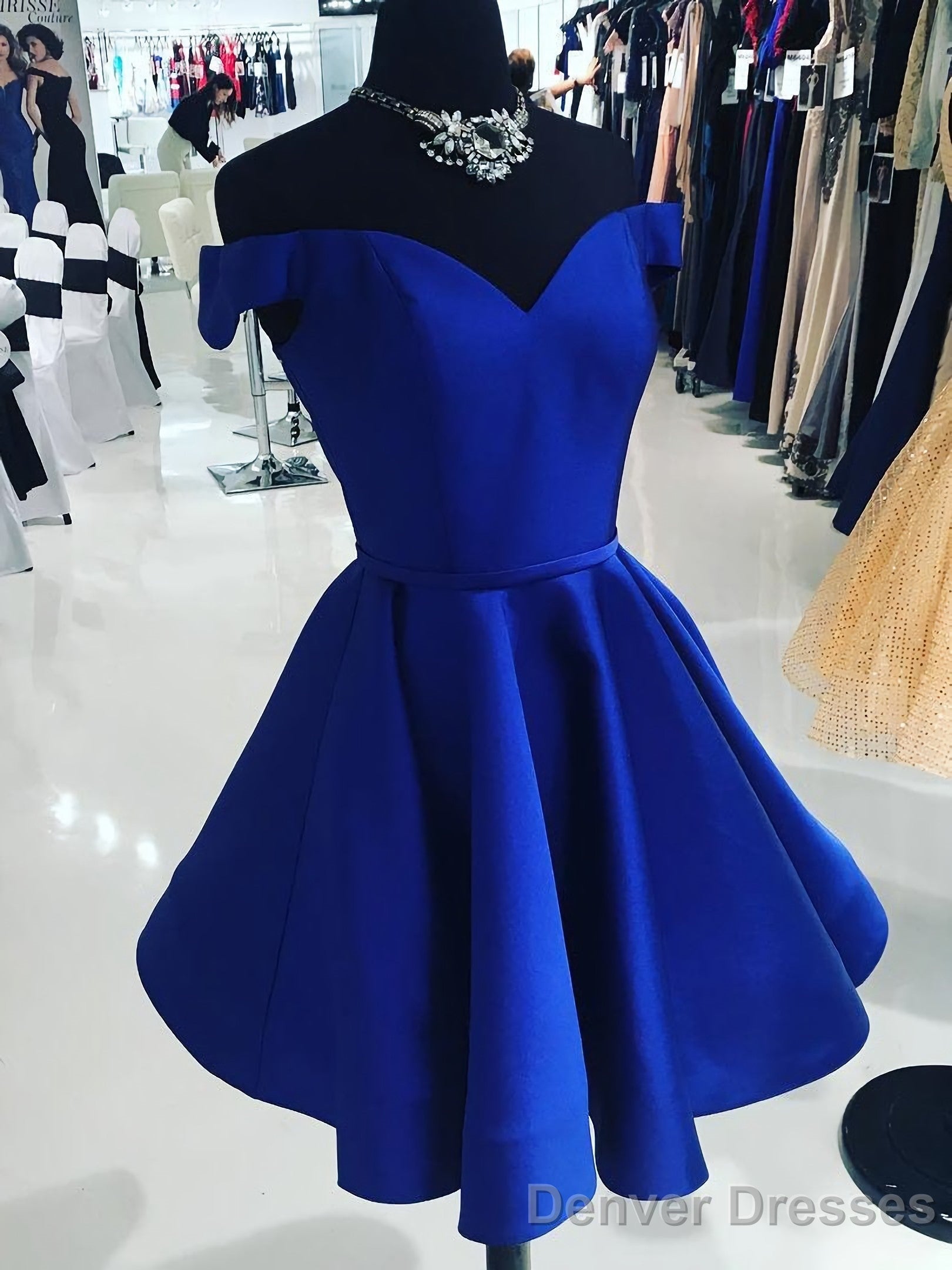 A Line Off The Shoulder V Neck Royal Blue Short Knee Length Taffeta Dc07 Prom Dresses Main image