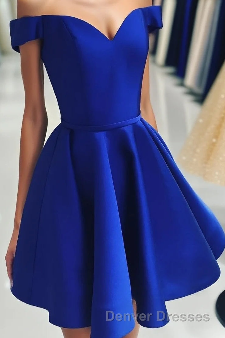 A Line Off The Shoulder V Neck Cheap Royal Blue Short Knee Length Taffeta Dc07 Prom Dress Main image