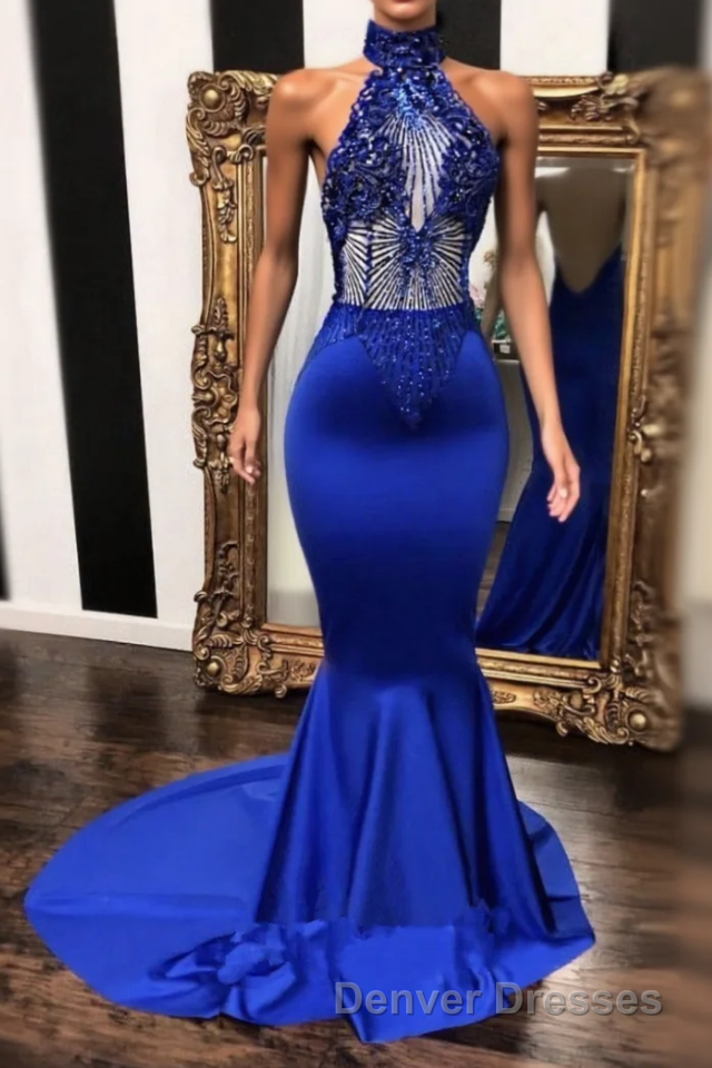 High neck halter beaded royal blue satin . Sleeveless. Illusion beading bodice. Mermaid long with sweep train Prom Dress Main image