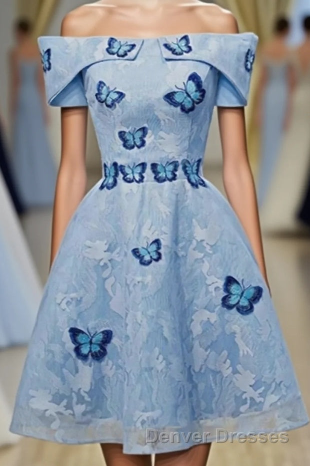 Sky Blue Off Shoulder Lace Short Lace With Butterfly Appliques A Line Off The Shoulder Dc51 Prom Dress Main image