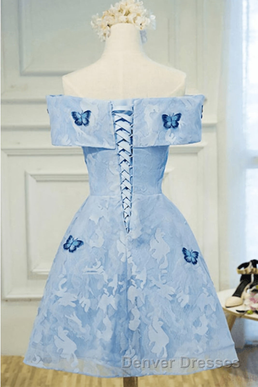 Sky Blue Off Shoulder Lace Short Lace With Butterfly Appliques A Line Off The Shoulder Dc51 Prom Dress Secondary image