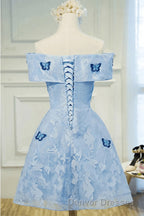 Sky Blue Off Shoulder Lace Short Lace With Butterfly Appliques A Line Off The Shoulder Dc51 Prom Dress