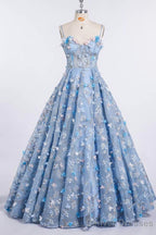 Princess Spaghetti Strap 3D Flower Applique Sky Blue Prom Dresses