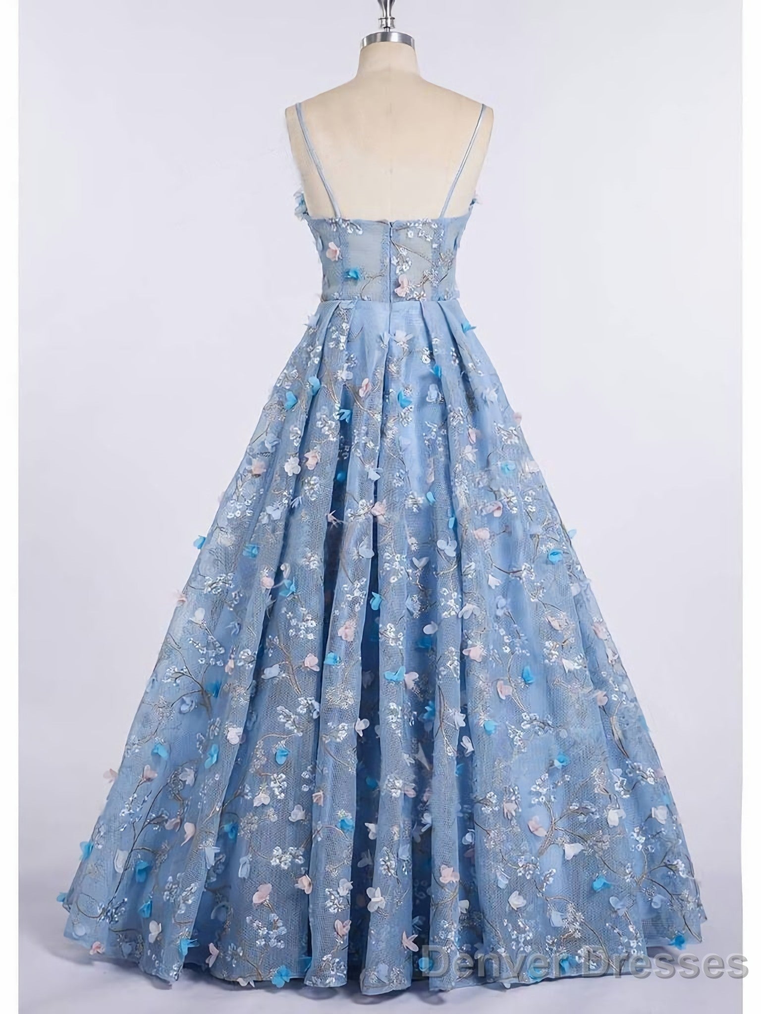 Princess Spaghetti Strap 3D Flower Applique Sky Blue Prom Dresses