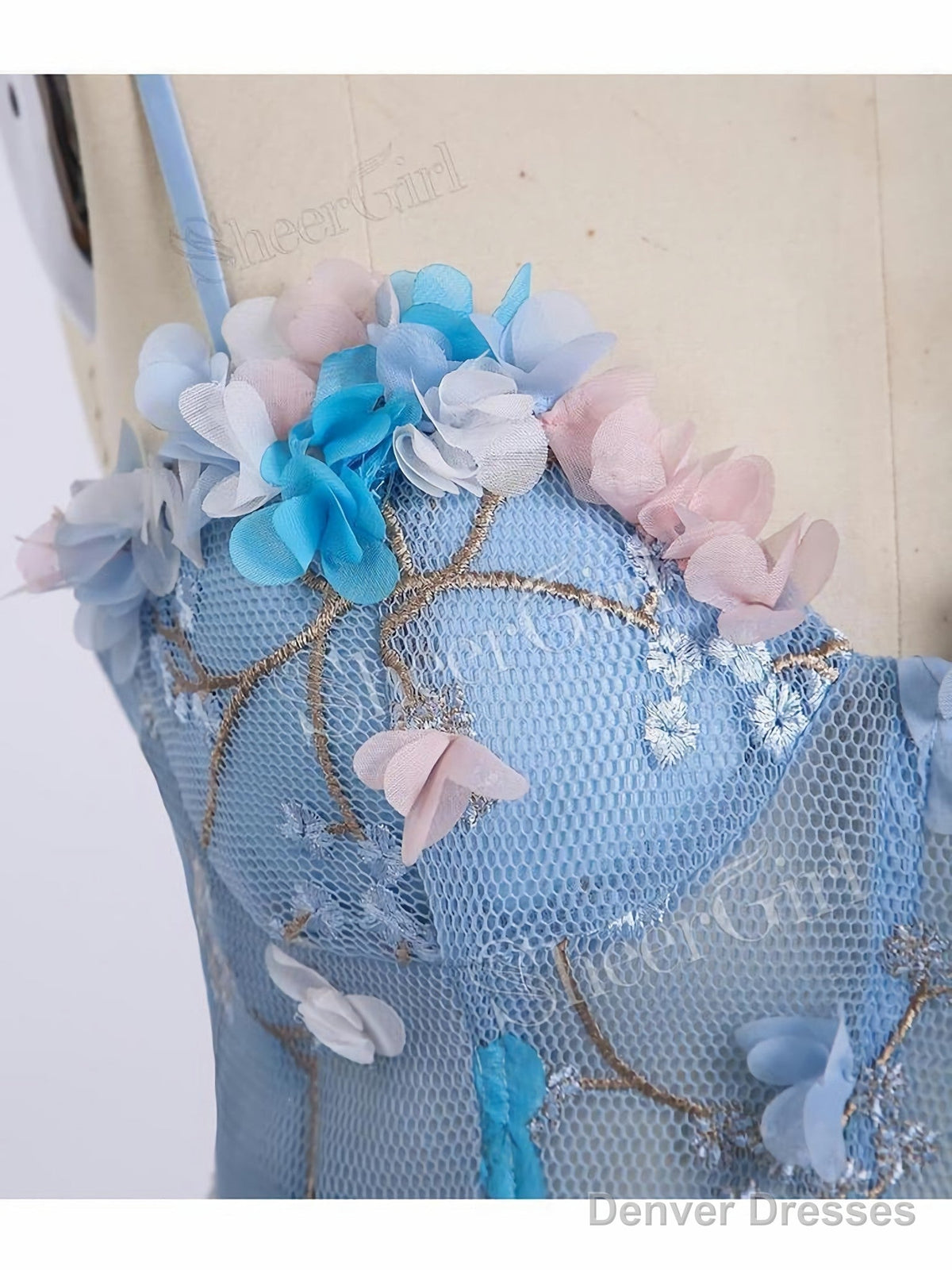 Princess Spaghetti Strap 3D Flower Applique Sky Blue Prom Dresses