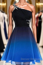 A Line Ombre Blue And Black One Shoulder Short Dc289 Prom Dress
