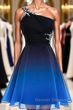 A Line Ombre Blue And Black One Shoulder Short Dc289 Prom Dress