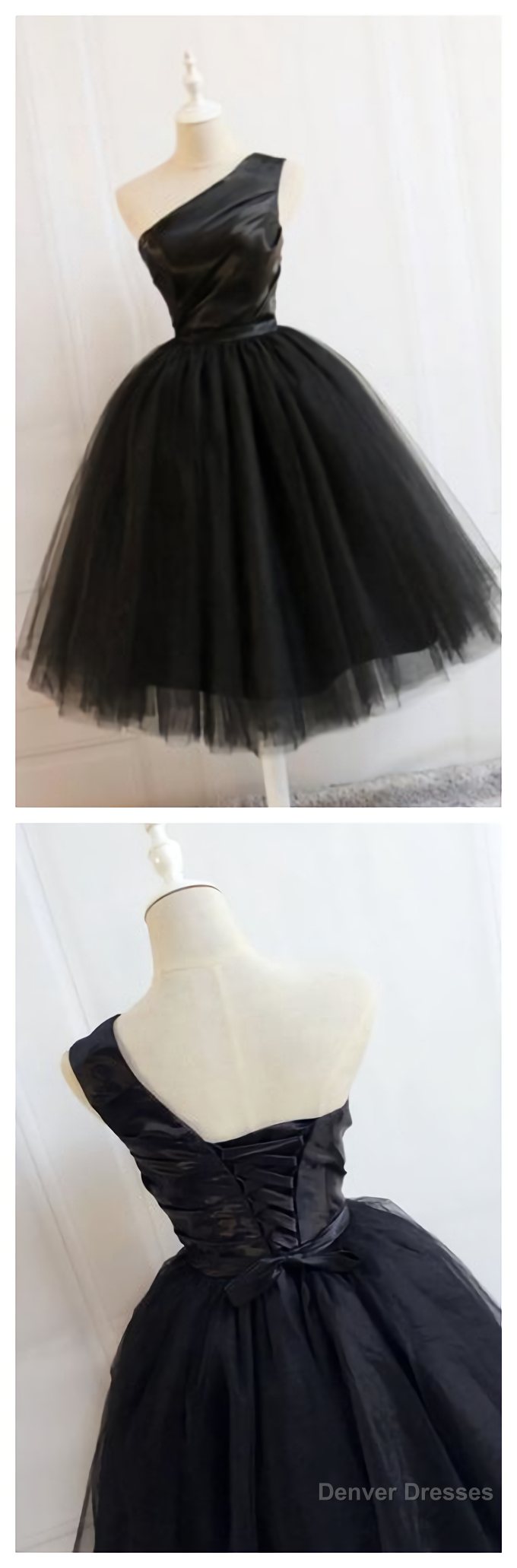 Black One Shoulder Short Black Tulle Homecoming Dresses Secondary image