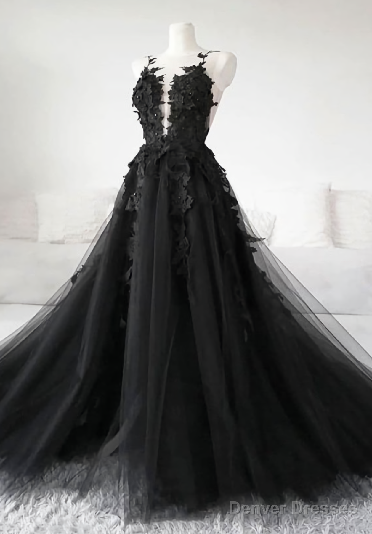 Black tulle applique long fabulous custom made black Evening Dresses Main image