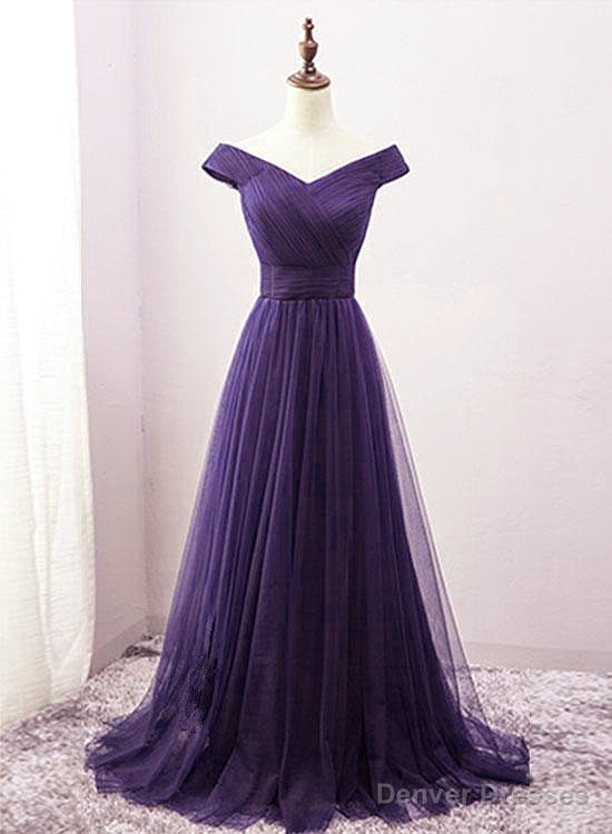 Long Purple A-line Off the Shoulder Tulle Prom Dresses Secondary image