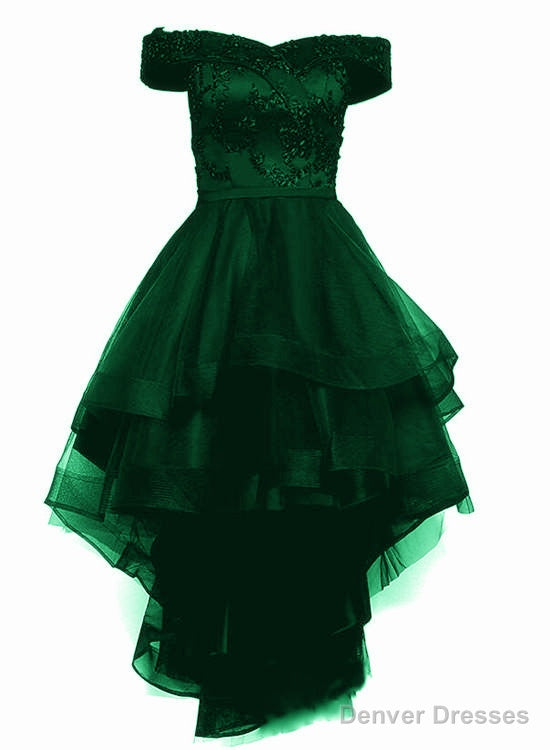 Green Tulle Cute High Low Off Shoulder Prom Dresses Main image