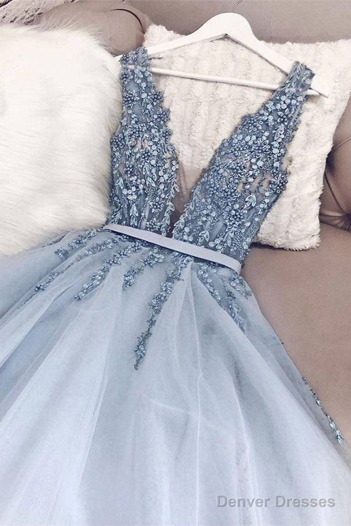 Light Blue A Line V Neck Backless Beaded Top Tulle Long Prom Dress, Backless Light Blue Formal Dresses, Evening Dresses Secondary image