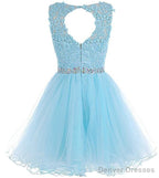 Charming Light Champagne Short Lace Beaded Party Dress, Tulle Homecoming Dress, Formal Dress