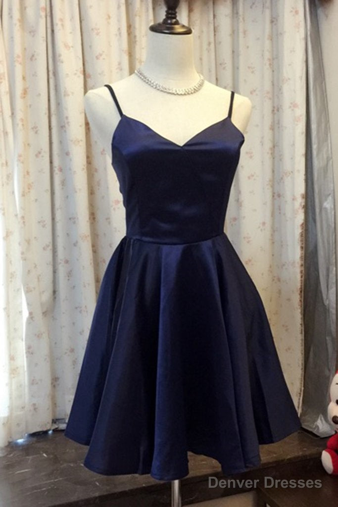 Simple Navy Blue Satin A Line V Neck Short Prom Dress, Homecoming Dress Main image