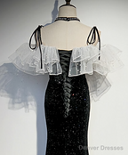 Black Mermaid Sequins Spaghetti Straps Pearls Prom Dresses