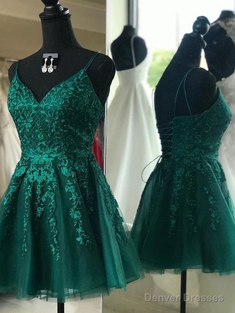 V Neck Emerald Green Lace Appliques Short Prom Dresses, Emerald Green Lace Homecoming Dresses, Emerald Green Formal Graduation Evening Dresses Main image