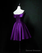 Cute Short Sweetheart Satin Off Shoulder Purple Short Prom Dresses